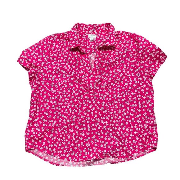 J CREW Printed Pink Fuchsia Ivory Poplin Popover Too Size L - Picture 2 of 9